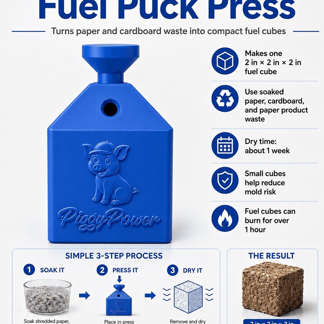 PiggyPower Single Cube Fuel Puck Press